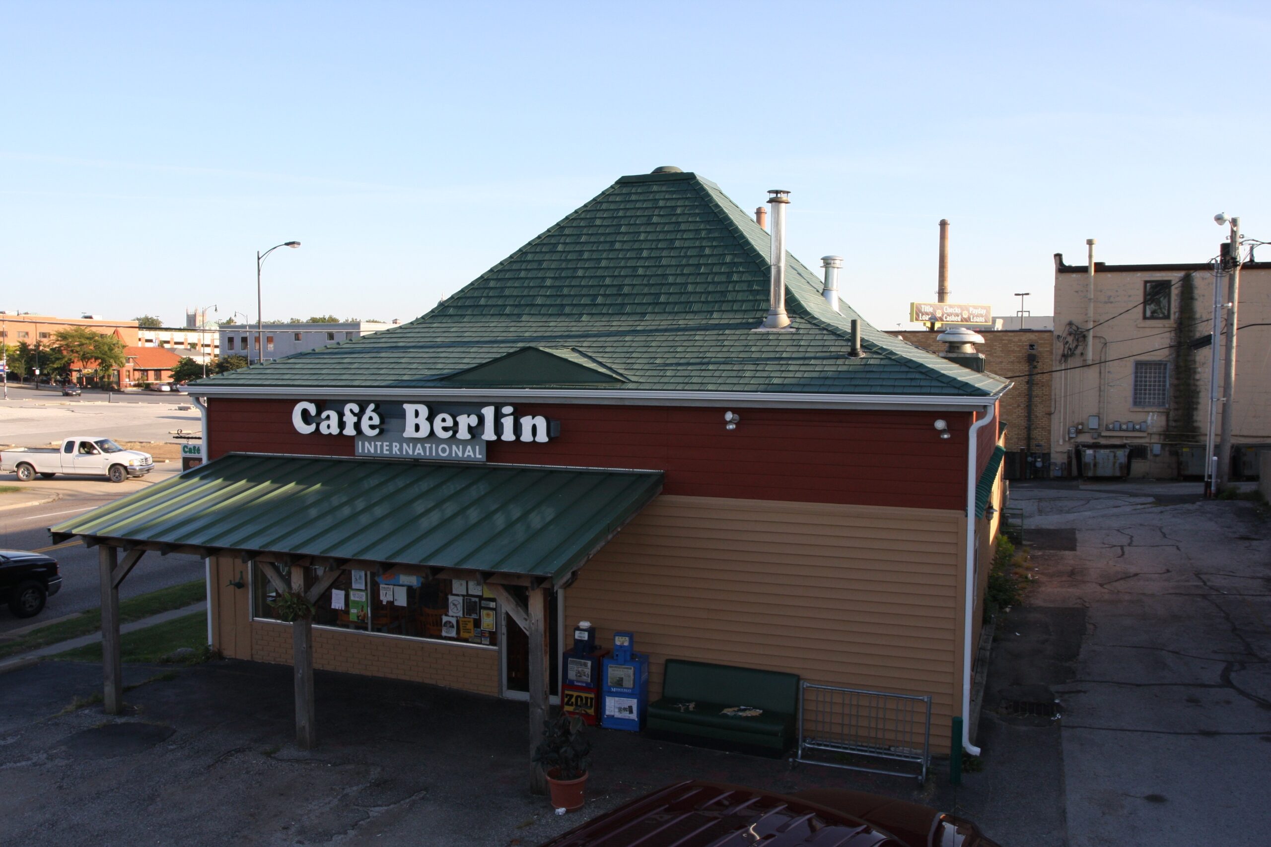 Cafe Berlin new green roof with metal awning. Covered patio area at Cafe Berlin