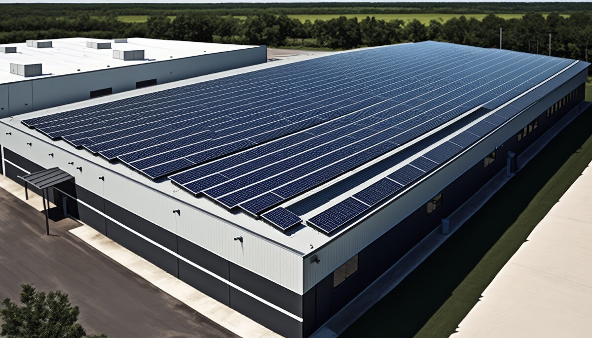 an aerial view showing solar panels on the roof of a high tech commercial, industrial factory building, sustainable green buildings commerical roofing innovation